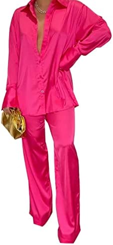 Women Wide Leg 2 Piece Pants Outfit Set Casual Satin Button up Long Sleeve Tops Palazzo Pants Set Tracksuit Rose Red Plus Size XXL
