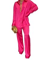 Women Wide Leg 2 Piece Pants Outfit Set Casual Satin Button up Long Sleeve Tops Palazzo Pants Set Tracksuit Rose Red Plus Size XXL