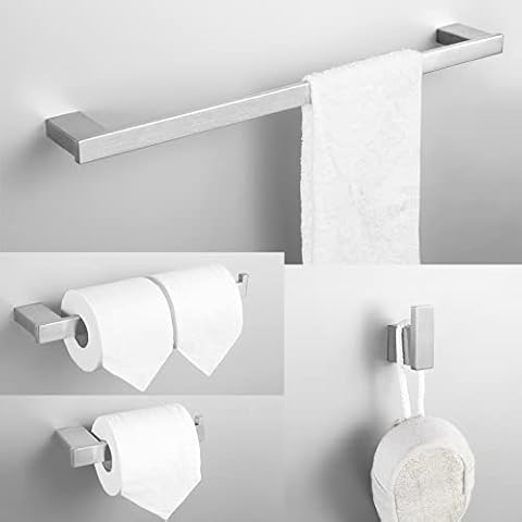 EADOT 4-Piece Bathroom Hardware Accessory Set Elegant 304 Stainless Steel Brushed Nickel, Including 24'' Towel Bar Kitchen Paper Towel Holder Toilet Paper Holder Robe Hook Wall Mounted Square Design Cover
