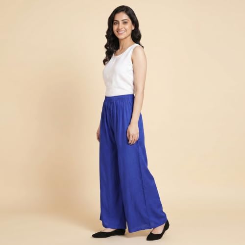 Image of FASHION GALLERY Women's Solid Rayon Palazzo Pants | Relaxed Fit Full Length Wide Leg Palazzo | Elastic Waist Comfortable Casual Lounge Office Ethnic Flared Trousers for Women