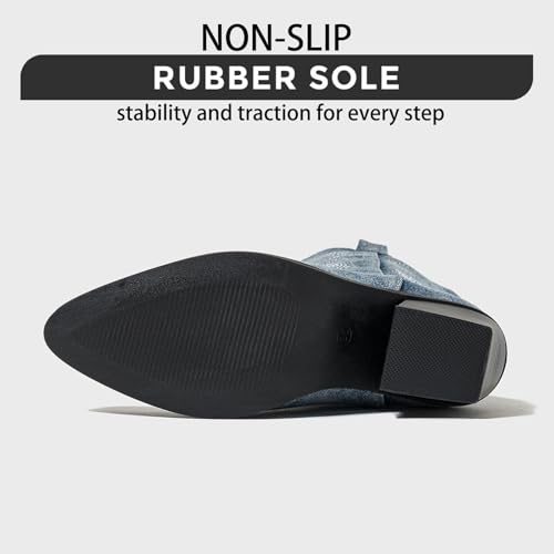 Women's Cloth Stacked Chunky Heel Western Cowgirl Knee-high Boots Retro Denim Rhinestones Embroidered Pointed Toe Pull on Block Heel Dress Mid Calf Boots for Party Dating3