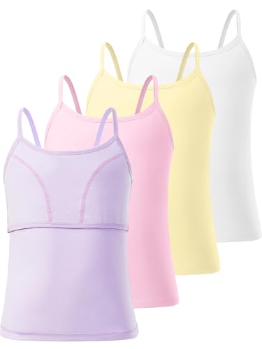 Ullnoy 4 Pack Training Bras for Teens Girls Breathable Undershirts Size 6-12 Girls Camisole Undershirts with Shelf Bras Tank Top White/Pale Yellow/Pink/Purple S