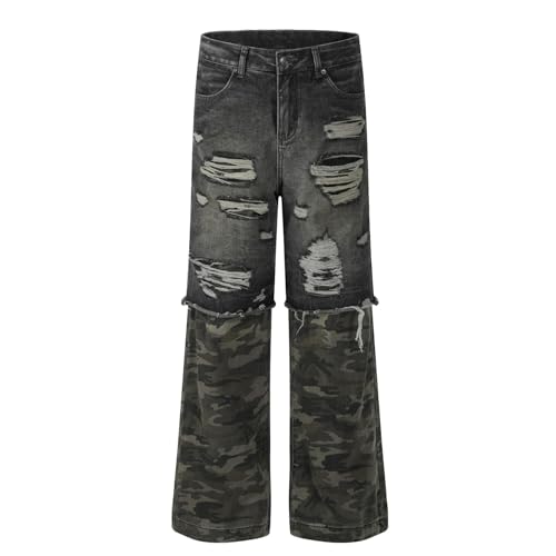 Jeans Pants Trousers Denim Street Trendy Wear and Tear Holes Camo Loose Commuter Straight Leg for Men