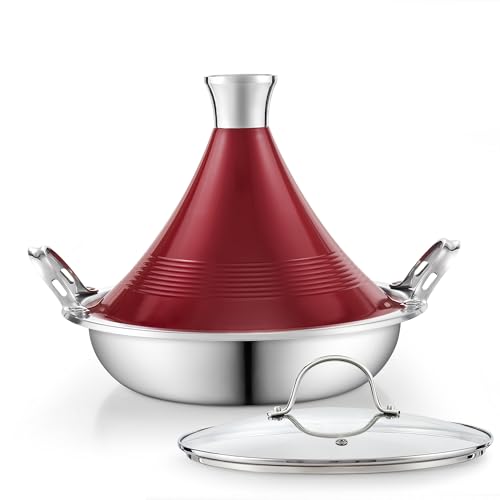 Cooks Standard Moroccan Tagine Pot 3.6 Qt, 11 Inch Multi-Ply Clad Stainless Steel Pan with Dual Handles, Clay Pot Alternative for Slow Cooking, with Conical Die-Cast Aluminum & Glass Lid, Red