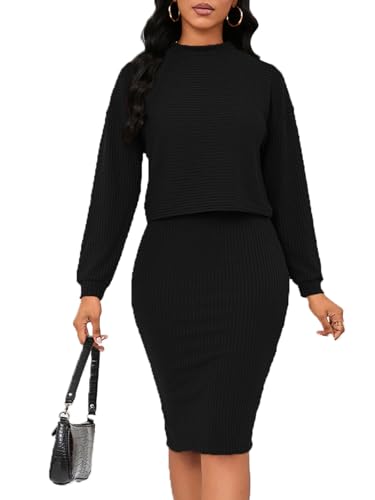 Image of Women's Fall 2 Piece Sweater Set Rib Knit Long Sleeve Bodycon Midi Skirt Casual Winter Outfits
