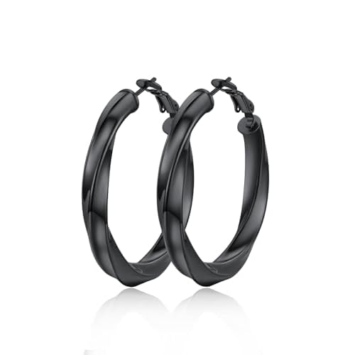 Classic Black/18K Gold Plated/Stainless Steel Hoop Earrings for Women 20mm/30mm/40mm/60mm/80mm Oversized Hypoallergenic Chunky Tube Hoops Rounded Loop Earrings Come with Box 01.Black Cube Tw