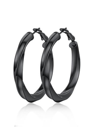 Classic Black/18K Gold Plated/Stainless Steel Hoop Earrings for Women 20mm/30mm/40mm/60mm/80mm Oversized Hypoallergenic Chunky Tube Hoops Rounded Loop Earrings Come with Box - Main Image