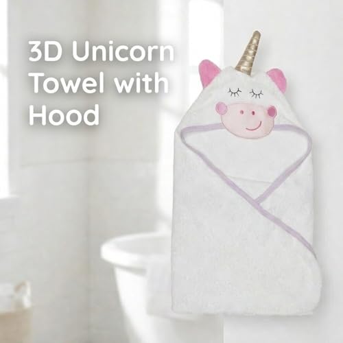 Image of EVERYDAY KIDS Hooded Baby Toddler Bath Towel for Girls - 3D White Unicorn Towel with Horn; Soft and Absorbent Terry Cloth Hooded Towel for Young Kids; Baby Girl Bath Essential