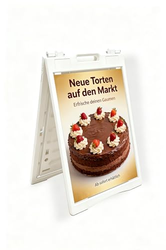 A-Rahmen-Schild, 61 cm B x 91,4 cm H, weiße Ausstellungsfläche, Sandwichboard, wetterbeständig, PVC-Schilderschutz und Sandfülllöcher, Doppelschilderständer