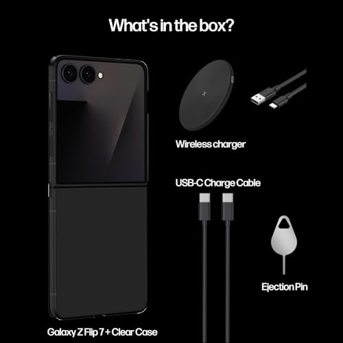 Image of Samsung Galaxy Z Flip7 Cell Phones, Unlocked Android 256GB, AI Foldable Smartphone with FlexCam, 6.9 inch AMOLED, Triple Camera, International Model 2025, Jet Black, Bundle Wireless Charger & Clear Case