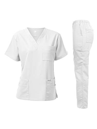 Dagacci Medical Uniform Unisex Women and Men’s V-Neck Super Stretch Scrub Set, White, 2XL