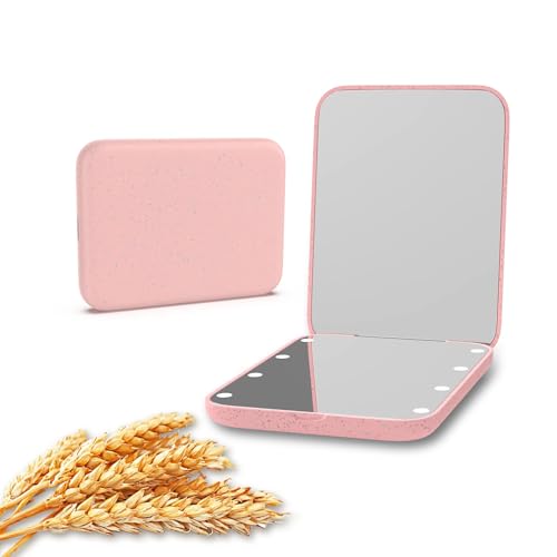 Kintion Pocket Mirror, 1X/3X Wheat Straw Material Compact Mirror(Pink)