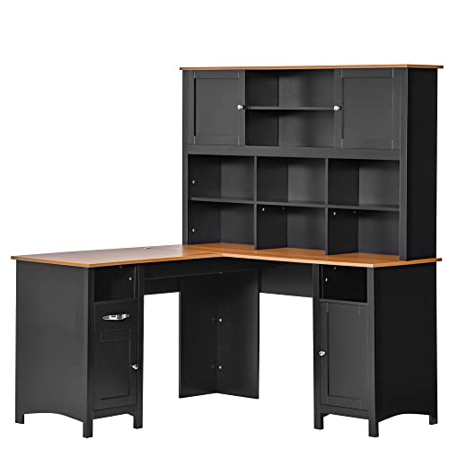 HOMCOM L Shaped Computer Desk with Hutch, 59' Corner Desk, Space Saving Home Office Desk with Storage Shelves, Drawer and Cabinet, Black