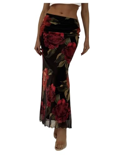 Milumia Women's Floral Ruched Mesh Maxi Skirt Elegant Lettuce Trim Fishtail Long Skirts4