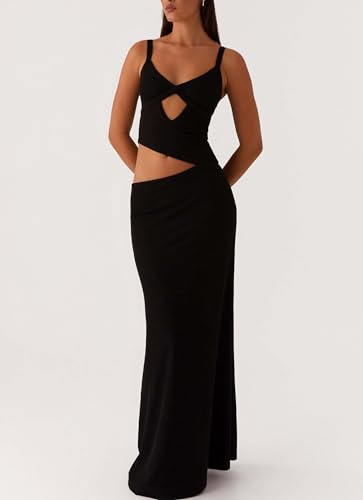 Image of Yiulangde Womens Elegant Spaghetti Strap Maxi Dress Backless Cut Out Bodycon Summer Cami Dress Sexy Formal Cocktail Dresses A-Black
