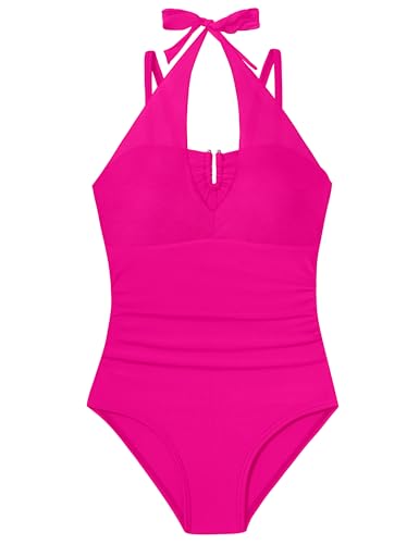 Image of Girls Swimsuit Halter One Piece Swimsuits Solid Ruched Bathing Suit for Girls Quick Dry Summer Beach Swimwear 11-18Y