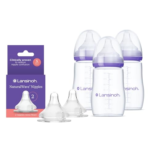Image of Lansinoh NaturalWave Slow Flow Nipples (2 ct) + 8 oz Anti-Colic Baby Bottles (3 ct) With Medium Flow Nipples, BPA-Free, Soft Silicone Design for Comfortable Feeding