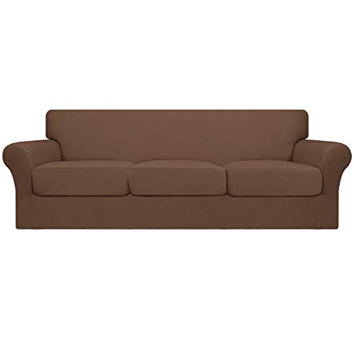 Image of Easy-Going 4 Pieces Oversized Stretch Couch Cover for Dogs Washable | Sectional Sofa Slipcover for 3 Separate Cushion Couch - Elastic Furniture Protector for Pets, Kids Brown