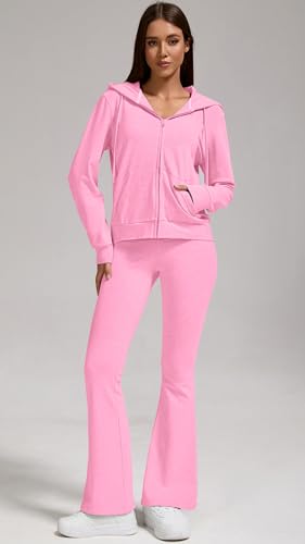 Women's 2-Piece Lounge Outfit-Lightweight Zip-Up Hoodie with Pockets & Low Rise Flare Leggings Yoga Sweatsuit Set3