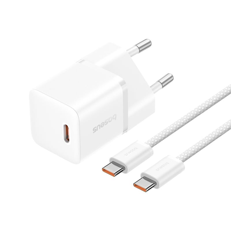 Baseus GaN5 Mini 20W Fast Charger (1C) – EU Plug, Compact GaN USB-C Wall Adapter with 100W Type-C to Type-C Cable – Moon White