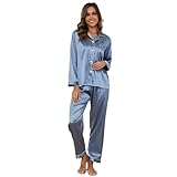 Tefola Pijama de Mujer de Satén de Seda Sintética-Mujeres Color Sólido de Manga Larga Pijamas de Seda Camisones,...