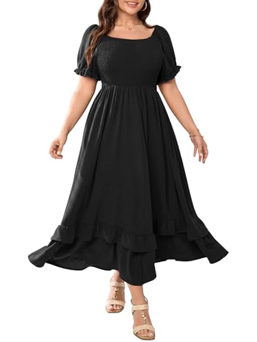 Image of Women's Plus Size Dress Square Neck Short Sleeve Smocked Elastic Waist Tiered Ruffle Hem Maxi Dresses