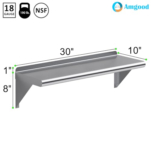 Image of AmGood 10 in. x 30 in. Stainless Steel Wall Shelf | NSF | Metal Shelving | Garage, Laundry, Storage, Utility Room | Restaurant, Commercial Kitchen