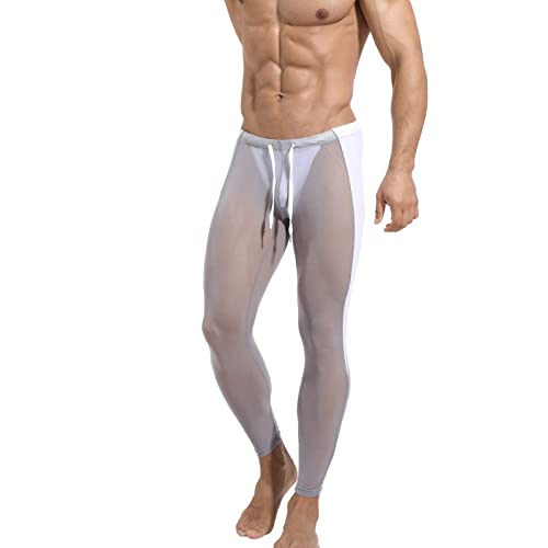 Bauzuoyo Leggings de malla fina para hombre, con cordón, malla transparente, ropa interior muscular, ropa interior larga, pantalones deportivos, ropa interior sexy para ciclismo, correr, fitness, yoga