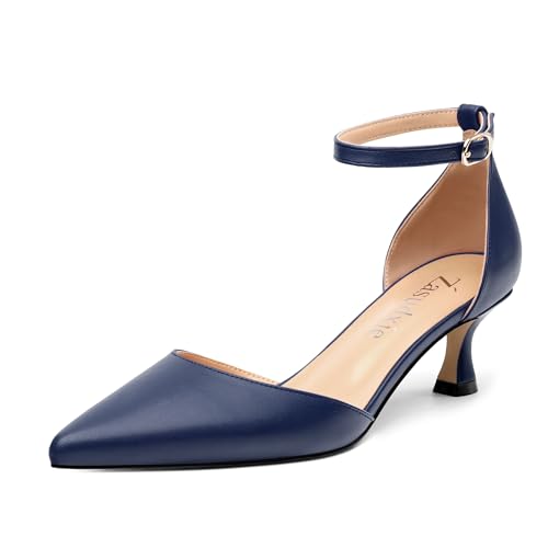 Women's Low Kitten Heel Closed Pointed Toe Pumps Matte Ankle Strap Buckle Wedding Party Dress Shoes for Women 2 Inches