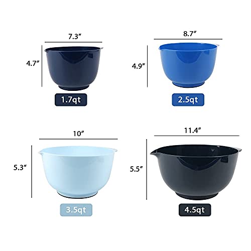 BoxedHome Nesting Plastic Mixing Bowl Set With Pour Spout, Microwave and Dishwasher Safe, BPA free Non-Slip Base, Set of 4 Size 1.7, 2.5, 3.5 and 4.5qt, Great for Prepping, Baking, Cooking (Dark Blue)