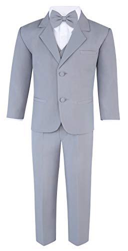 Boy's 6-Piece Suit Set - Includes Suit Jacket, Dress Pants, Matching Vest, White Dress Shirt, Neck Tie & Bow Tie - Gray, 12 #TOP2