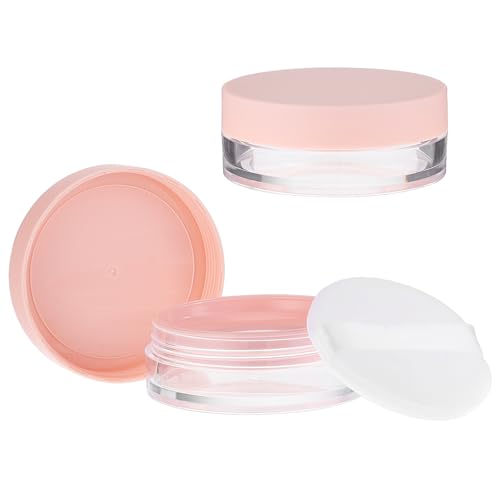 10ml (0.34oz) Loose Powder Containers, No Leak Plastic Empty Reusable Refillable Travel Compact Portable Makeup Powder Case Container with Pink Screw Lid, Elastic Net Sifter Sponge Puff