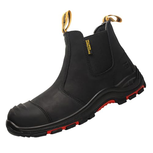 Micoklinlin Composite Steel Toe Boots for Men Work Genuine Leather Chelsea Boots Fashion Anti-Slip Puncture Proof Safety Insulated Shoes Slip on Resistant High Top Hiking Boots Black