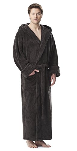 Arus Mens Hooded Fleece With Long Ankle Length Turkish Bath Robe Charcoal, Large-X-Large #TOP2