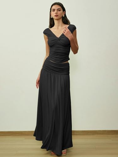 Image of Two Piece Skirt Set for Women - Sexy Sleeveless Spaghetti Strap Pleated Tank Top Maxi Long Skirts Sets