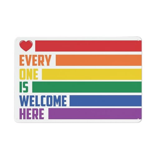 ODHHGDF Rustikales Metall-Blechschild 'Everyone Is Welcome Here', LGBT-Flagge, Poster, Wandkunst, Dekoration für Zimmer, Be Kind, Regenbogen-Poster, Drucke, Gay Pride, Lgbtq Pride, inspirierendes