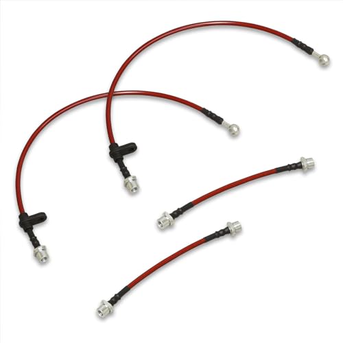 AJP Distributors Red Stainless Steel Braided Oil Disc Drum Brake Lines Hoses Cables Kit 4PC Front & Rear Set Compatible/Replacement For Corolla E120 JDM 2003 2004 2005 2006 2007 2008 03 04 05 06 07 08