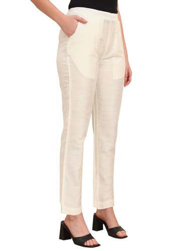 Image of Vogaan Women's Cotton Silk Pant | Half-Elasticated Waist Slim Fit Trouser for Women | Casual Pocket Pants for Office Formal Daily Use