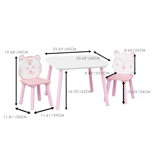 Image of Wood Table & Chairs 3 Pieces Set, Boys Girls Activity Table w / 2 Animal Shaped Chairs, Solid Wood Legs, Safe Rounded Corners, Playroom Furniture for Boys & Girls Activity Dining Drawing Craft.