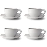 KIVY Steingut Cappuccino Tassen Set [4 x 180ml] - Dickwandige Cappuccino-Tassen mit Untertasse - Kaffeetassen mit Unterteller - Weiße Cappuccino Tassen Groß - Cappuccino Tassen Dickwandig Weiß
