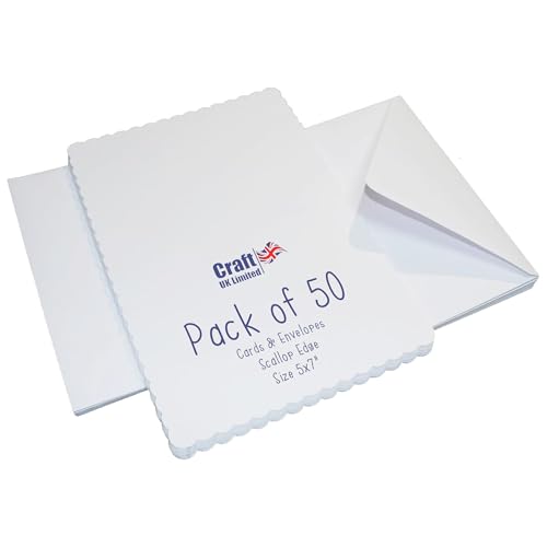 Image of Craft UK 50 White Scalloped Cards & Envelopes 5 x 7, 91 x 152 x 0.64 cm