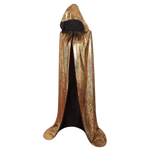 yolsun Adult Laser Hooded Cloak Full Length Metallic Cape for Women Men Mardi Gras Halloween Carnival Cosplay Costume (Gold 55)