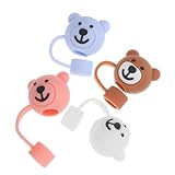 IWOWHERO 4個 小熊シリコンストローカバー 再利用可能 防塵保護 キャップ付き飲料ストロー用 水筒やタンブラー対応 家 オフィス 学校向け