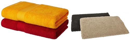 Image of Amazon Brand - Cotton 2 Piece Bath Towel Set, 500 GSM (Spanish Red and Sunshine Yellow) & Amazon Brand - Premium Anti-Slip Microfibre Bathmat - 60cm x 40cm, Light Taupe and Steel Grey, Pack of 2