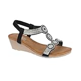 Jo & Joe Ladies Mid Heel Wedge Comfort Sandal with Glitzy Jewels and Elasticated Slingback Strap, Flexible sole sizes 4-8 (Black 5, UK Footwear Size System, Adult, Women, Numeric, Medium, 6)