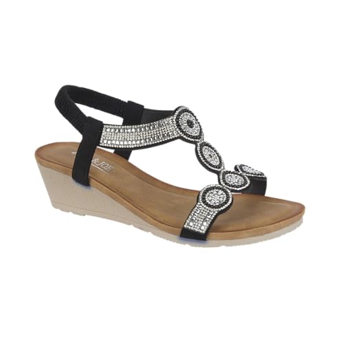 Jo & Joe Ladies Mid Heel Wedge Comfort Sandal with Glitzy Jewels and Elasticated Slingback Strap, Flexible sole sizes 4-8 (Black 5, UK Footwear Size System, Adult, Women, Numeric, Medium, 6)