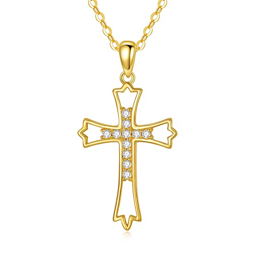 14K Gold Cross Necklace for Women, Real Yellow Gold Filigree Pommy Cross Pendant Necklace, Religion Jewelry for Girls Ladies Mom, 16
