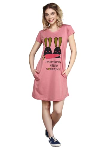 Image of Meerkat Women Short Sleeve Knee Length Cotton Knits Printed Short Nighty /Long Shirt /Midi