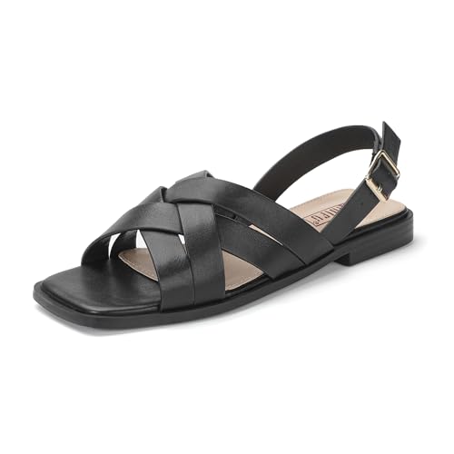 IDIFU Strappy Flat Sandals for Women Square Open Toe Summer Beach Dressy Dress Ladies Comfortable Cute Comfy Trendy Casual Buckle Slingback Sandals with Back Strap