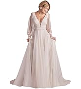 POMUYOO Women's Long Wedding Dresses for Bride 2024 Lace Wedding Bridal Gowns with Sleeves